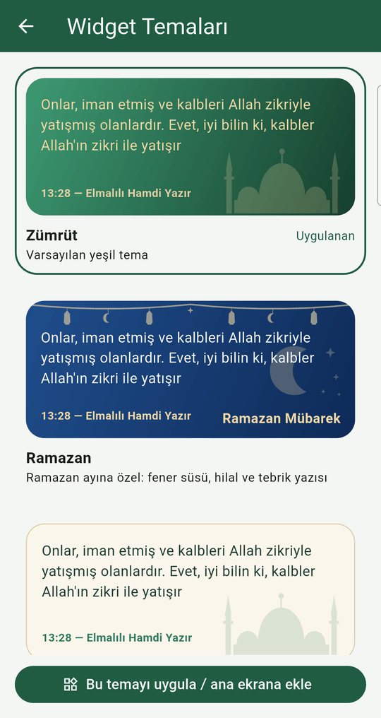Niyet Ettim widget temaları ekranı